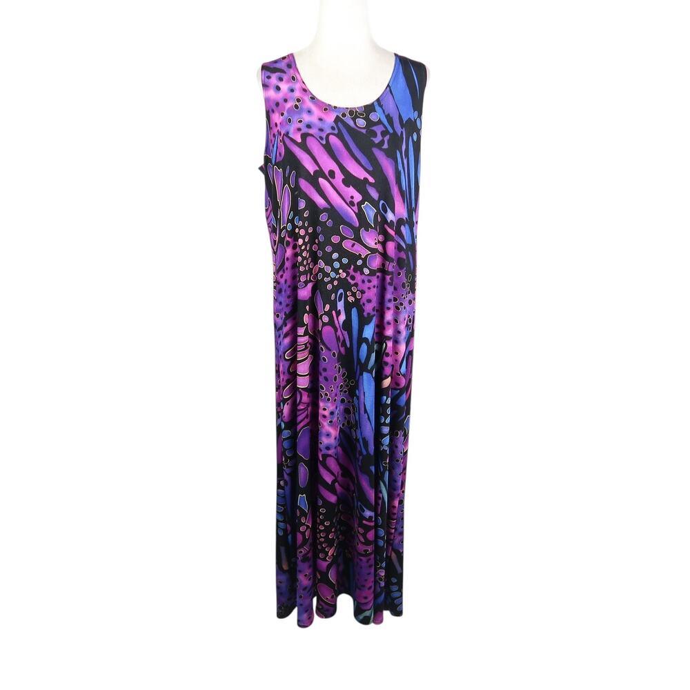 Vintage 90s Jostar Purple and Black Butterfly Wing Abstract Midi Dress L